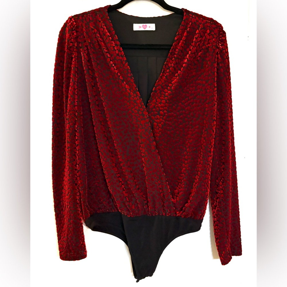 NWOT Buddy Love, Faux Wrap Body Suit, Black with Red Velvet Animal Print, Size S